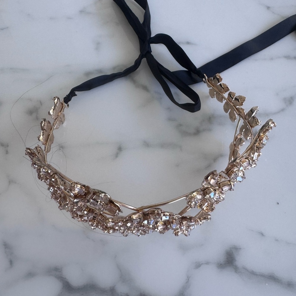 Crystal Leaf Bridal Headband with Black Satin Tie